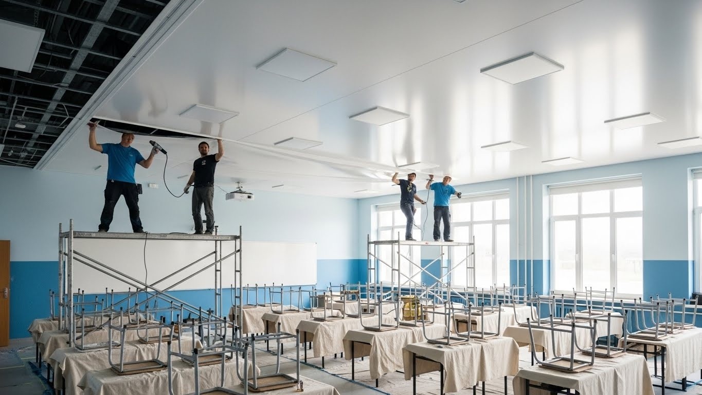 Монтаж натяжного потолка в школе Натяжной потолок в учебном классе