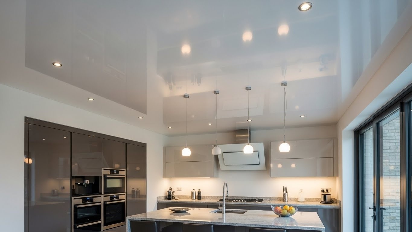 Сатиновый потолок для стильной кухни Сатиновый натяжной потолок для кухни