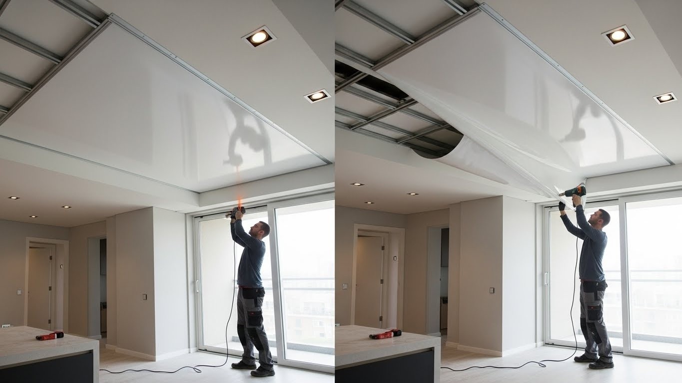 Монтаж натяжного ПВХ потолка в квартире Натяжной ПВХ потолок в жилом помещении