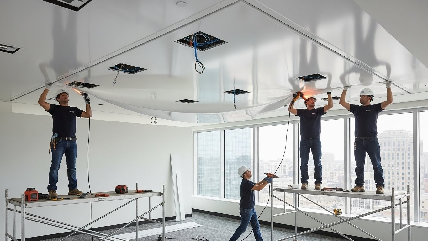 Монтаж натяжных потолков из ПВХ для офисов