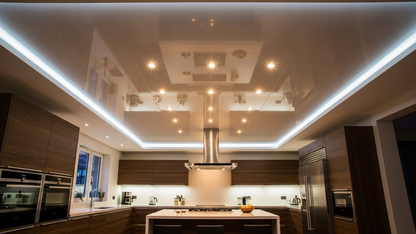 Натяжной потолок с подсветкой на кухне