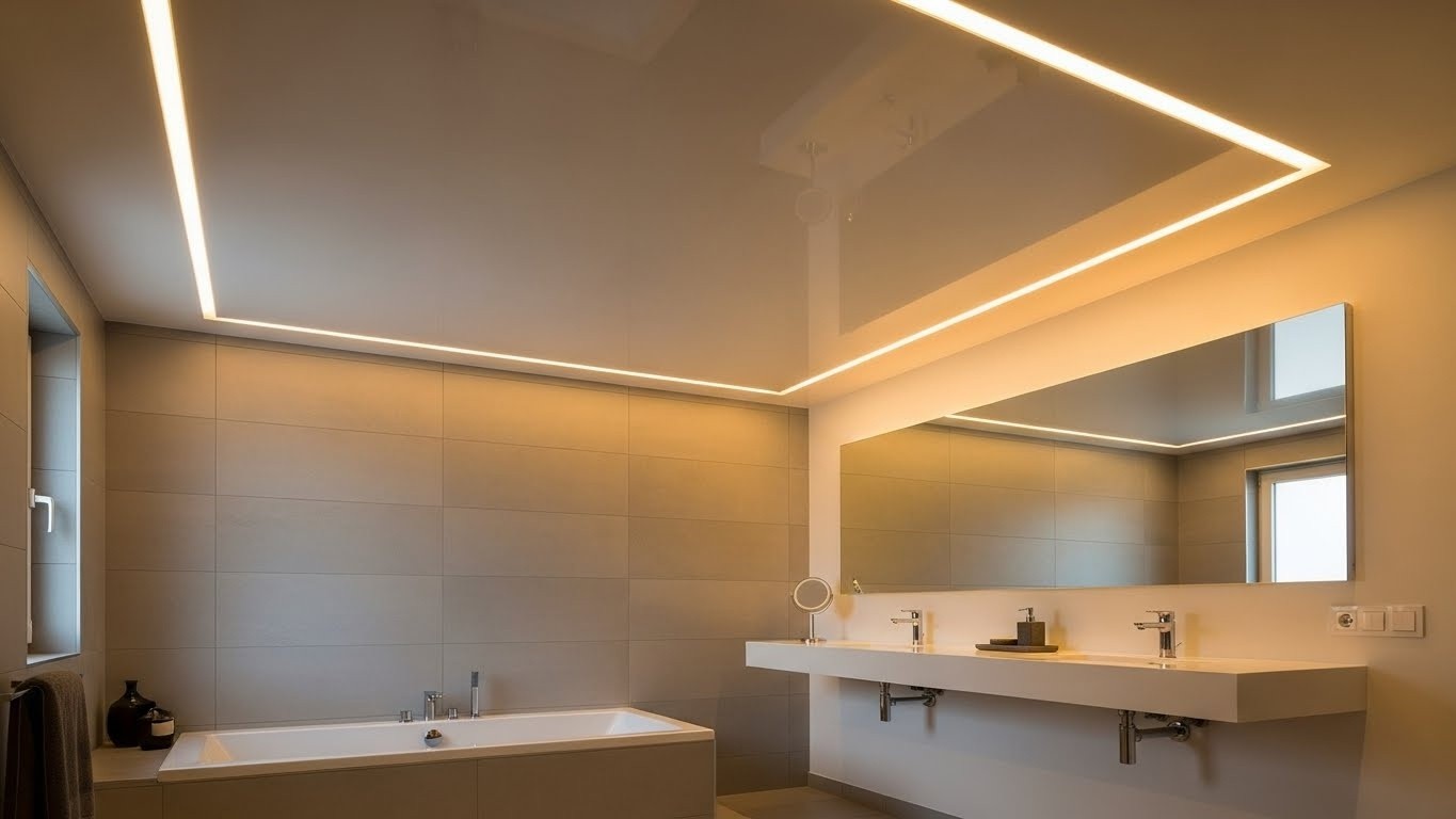 Натяжной потолок с подсветкой в ванной