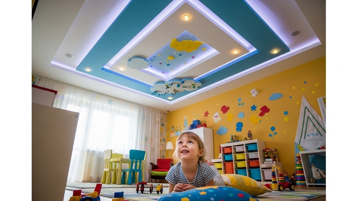 Дизайн натяжного потолка для детской комнаты