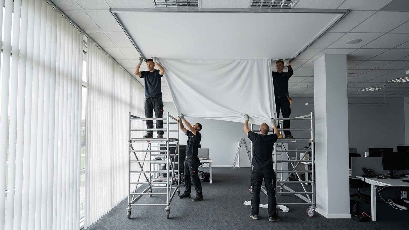 Монтаж натяжных потолков из ткани для офисов