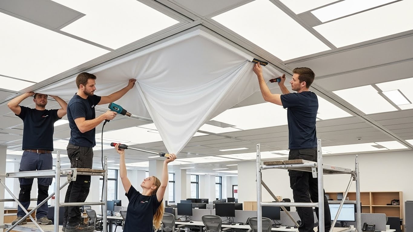 Монтаж тканевого натяжного потолка в офисе Тканевый натяжной потолок в офисе