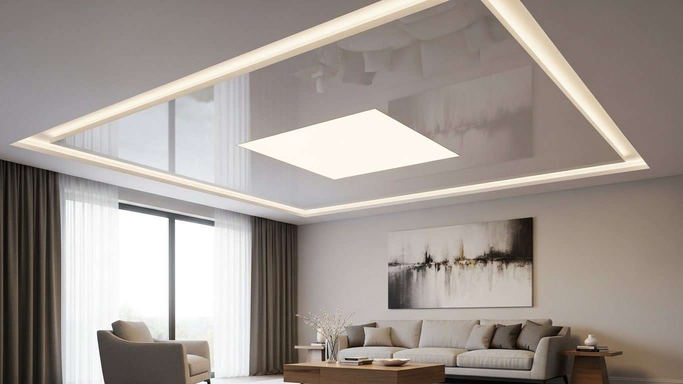 Одноуровневый натяжной потолок в гостиной