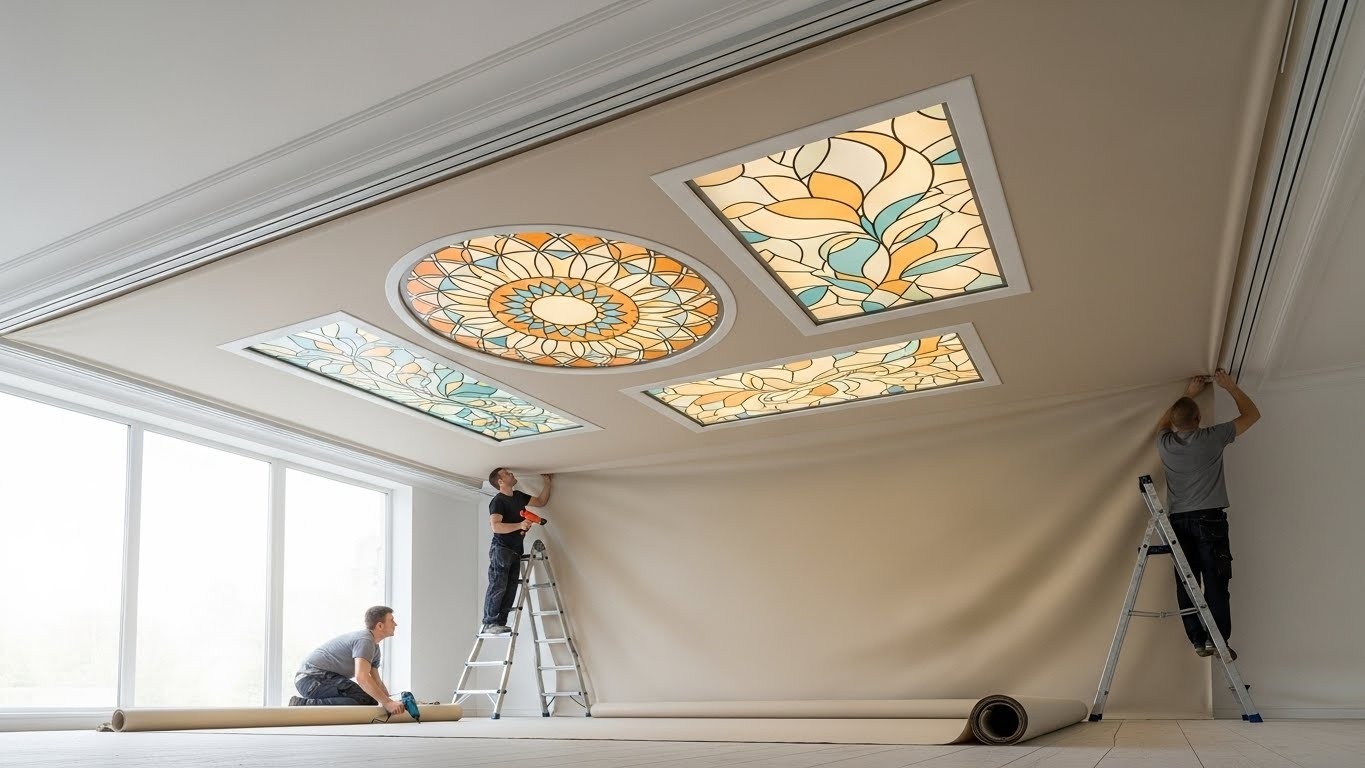 Монтаж натяжных потолков из ткани с декоративными вставками