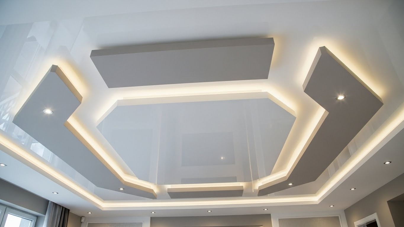 Многоуровневый натяжной потолок в гостиной