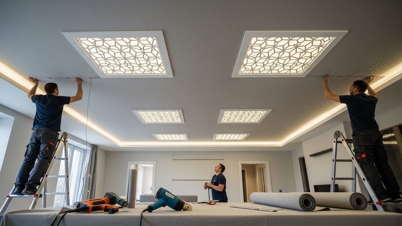 Тканевый натяжной потолок с декоративными вставками