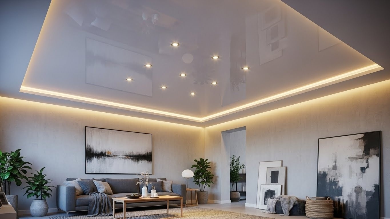 Натяжные потолки для гостиной с подсветкой