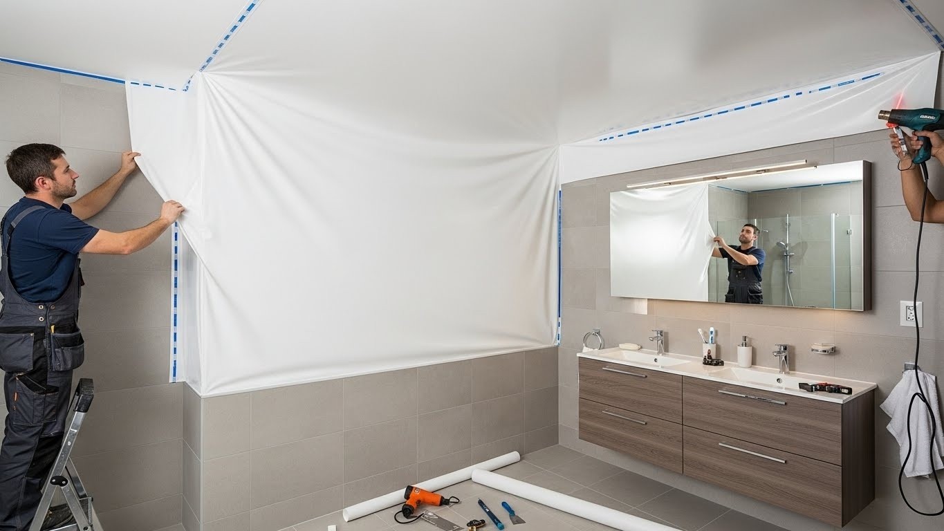 Монтаж натяжных потолков из ткани для ванных комнат