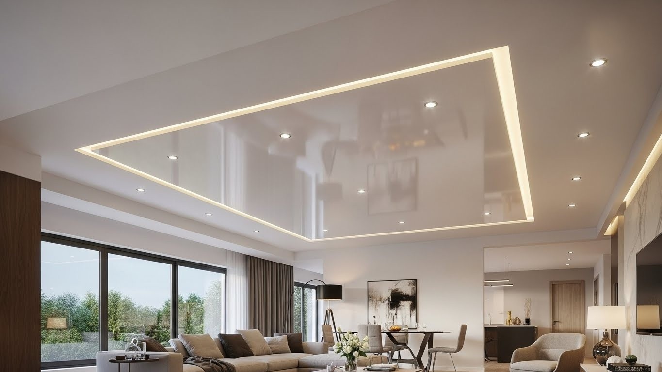 Натяжной потолок в гостиной с подсветкой