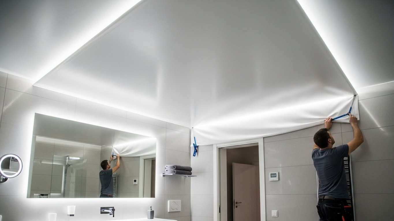 Тканевый натяжной потолок в ванной комнате