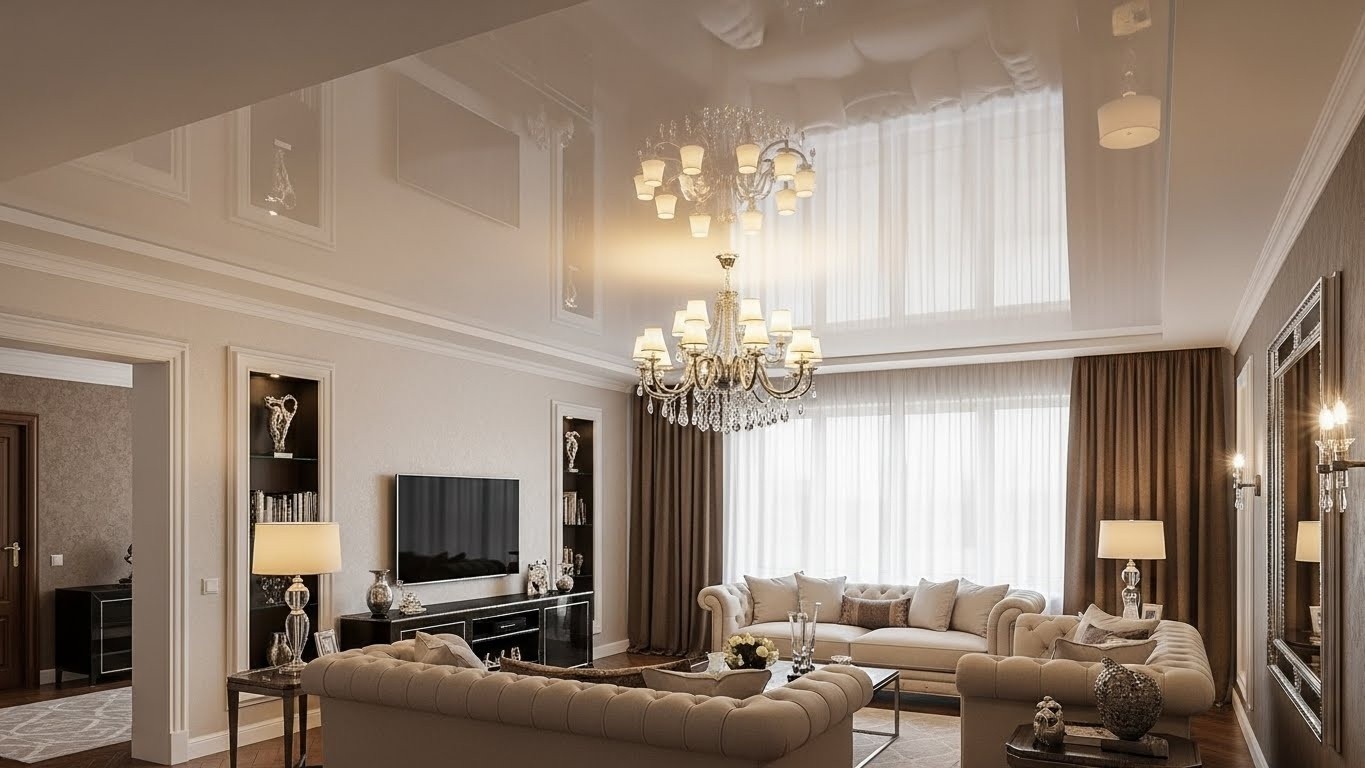 Стильный глянцевый потолок для гостиной Глянцевый натяжной потолок в гостиной