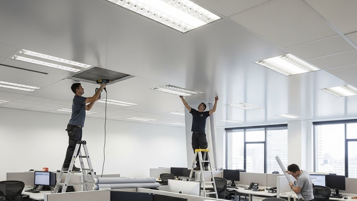 Монтаж матового натяжного потолка для офисных помещений Матовый натяжной потолок в офисе