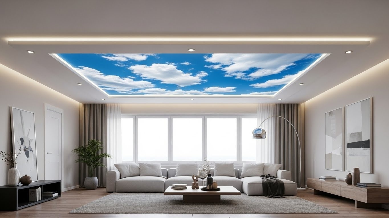 Натяжные потолки для гостиной с фотопечатью