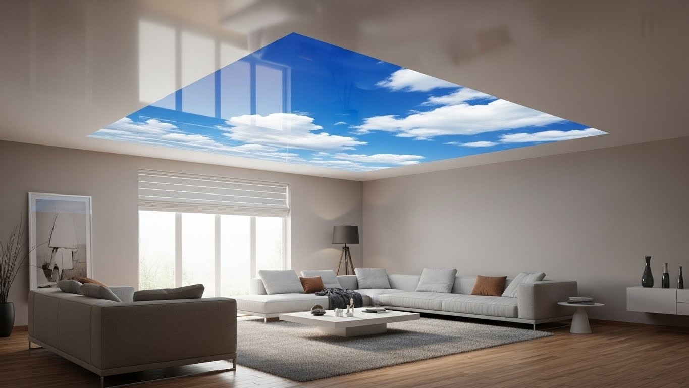 Натяжной потолок с фотопечатью в гостиной