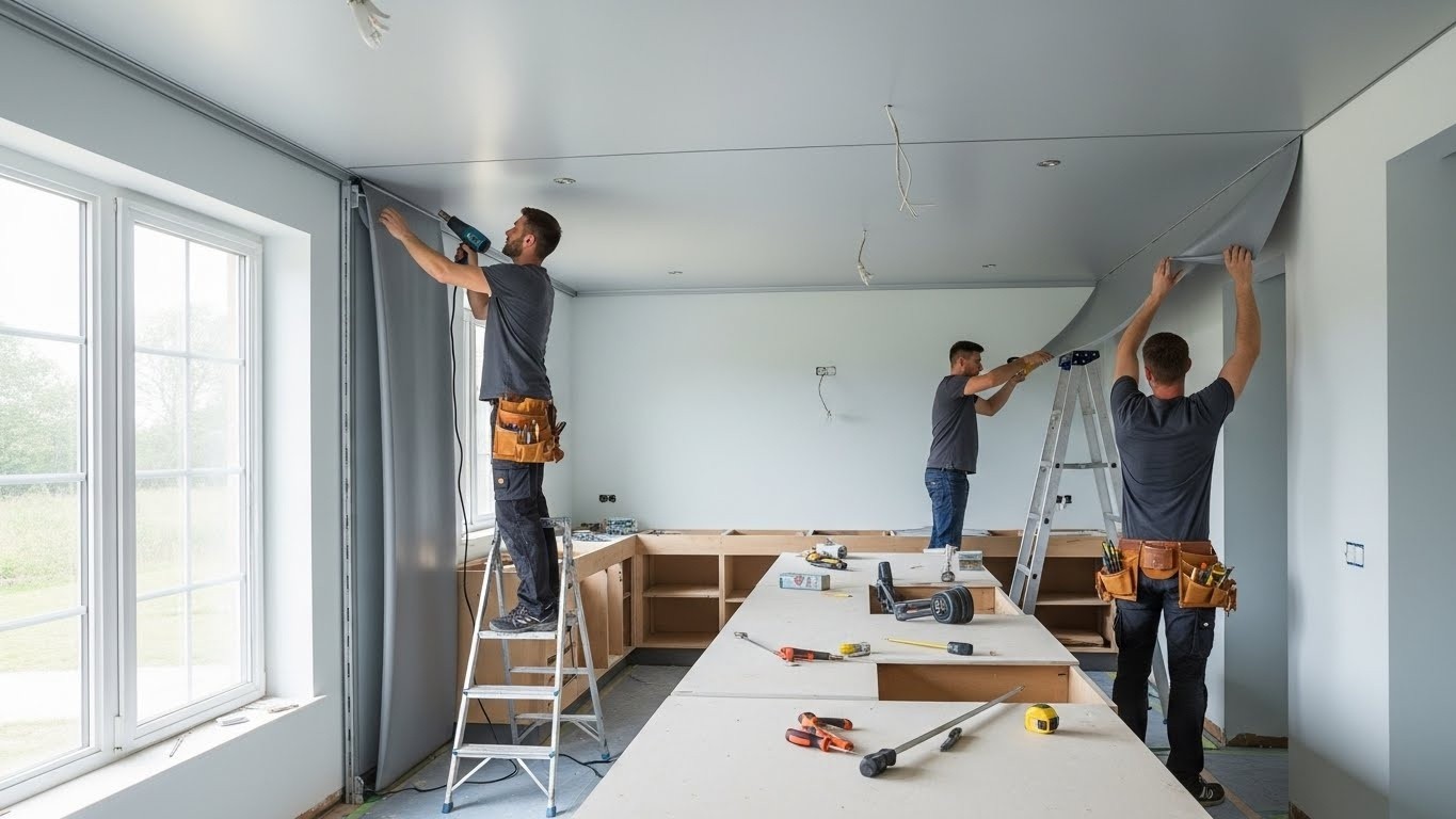 Монтаж натяжных потолков с матовой отделкой для кухонь