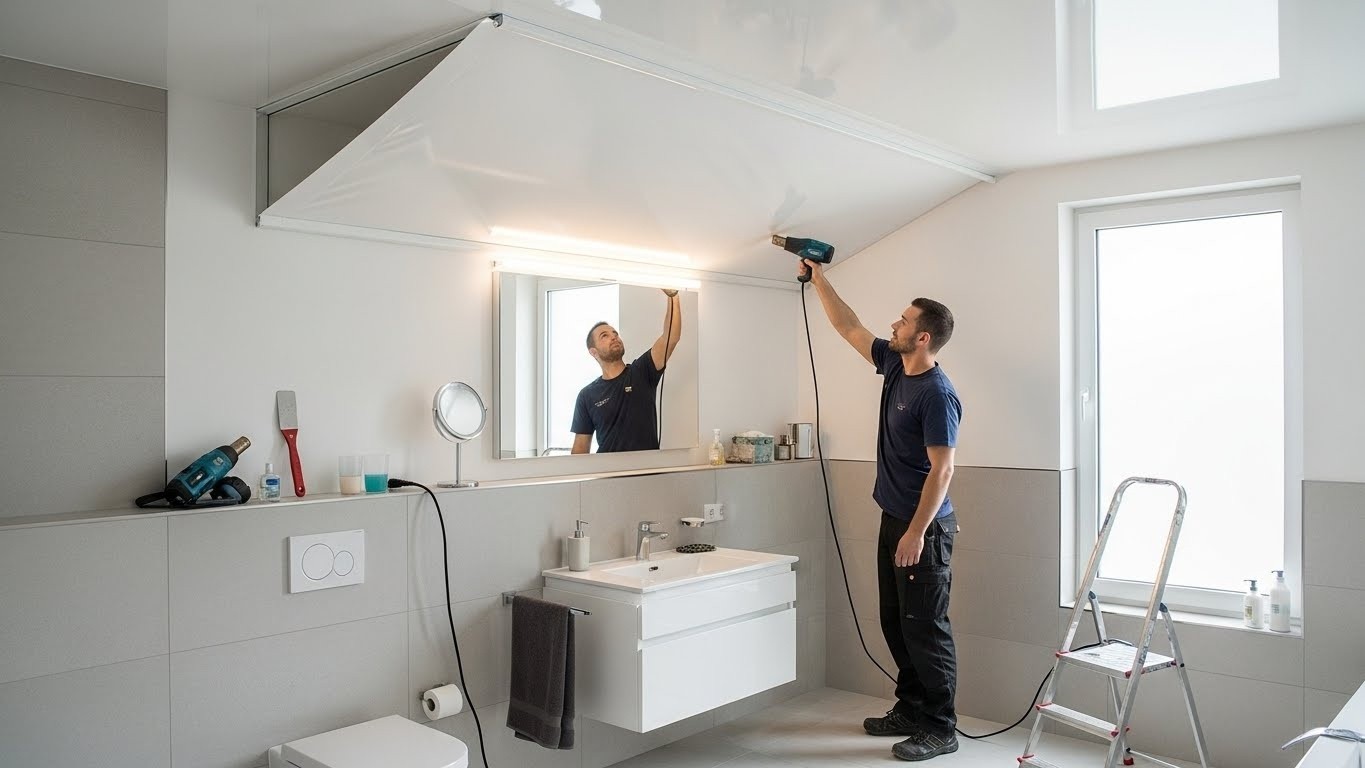 Монтаж натяжных потолков с матовой отделкой для ванных комнат