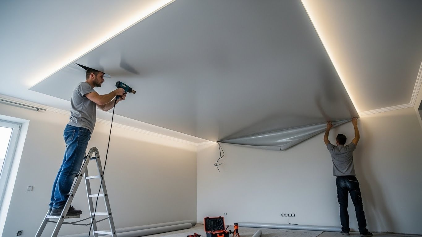 Монтаж натяжных потолков с матовой отделкой с LED подсветкой