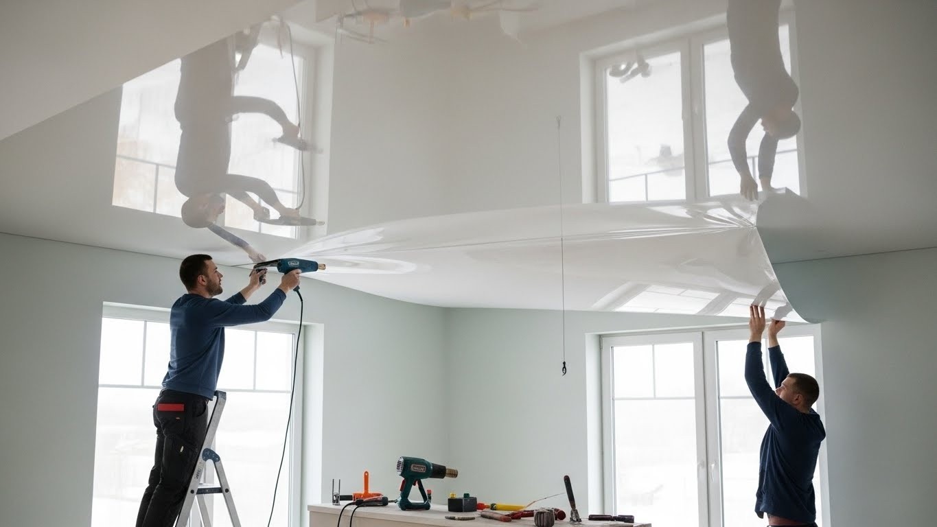 Монтаж глянцевого натяжного потолка для жилых помещений Глянцевый натяжной потолок в жилом помещении