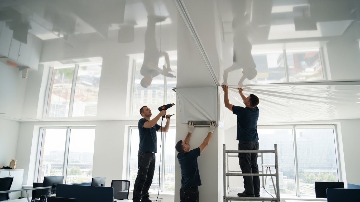 Монтаж натяжных потолков с глянцевой отделкой для офисов