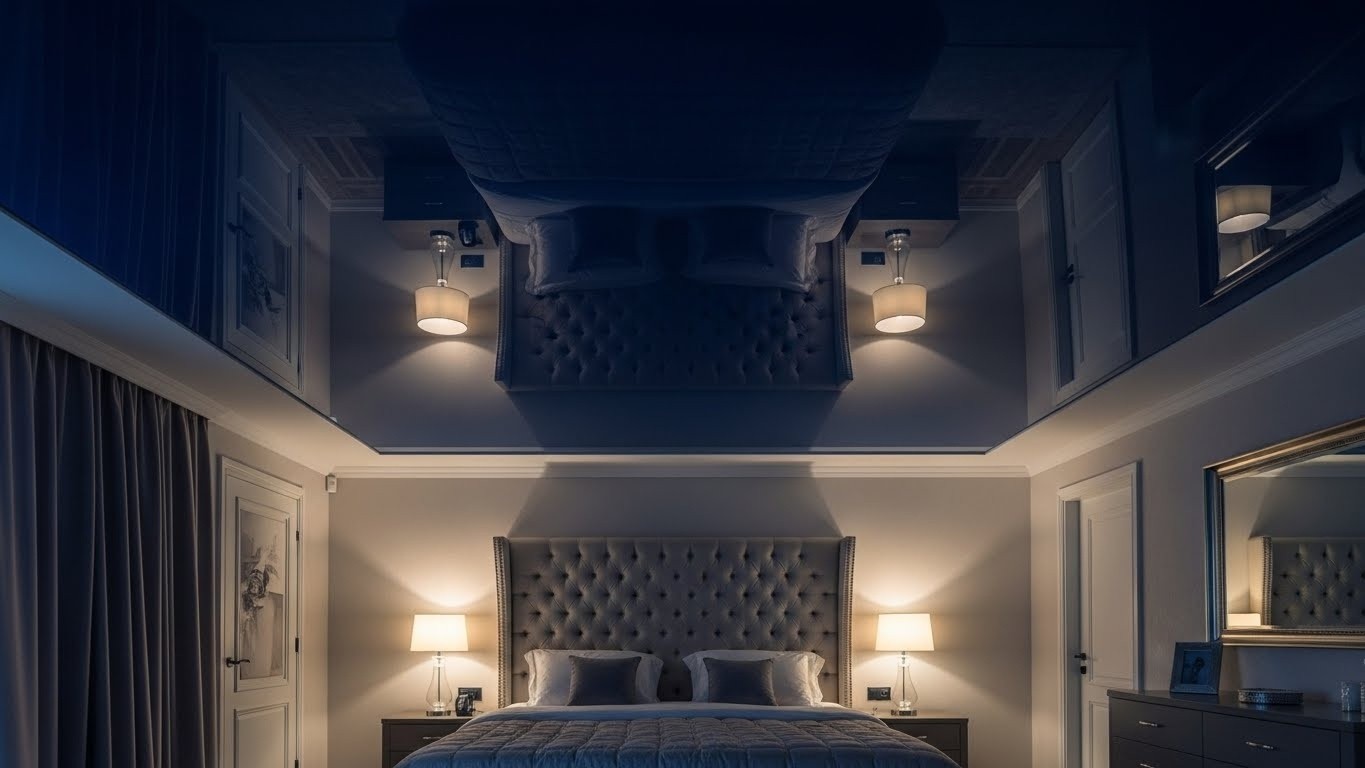 Натяжные потолки для спальни глянцевые