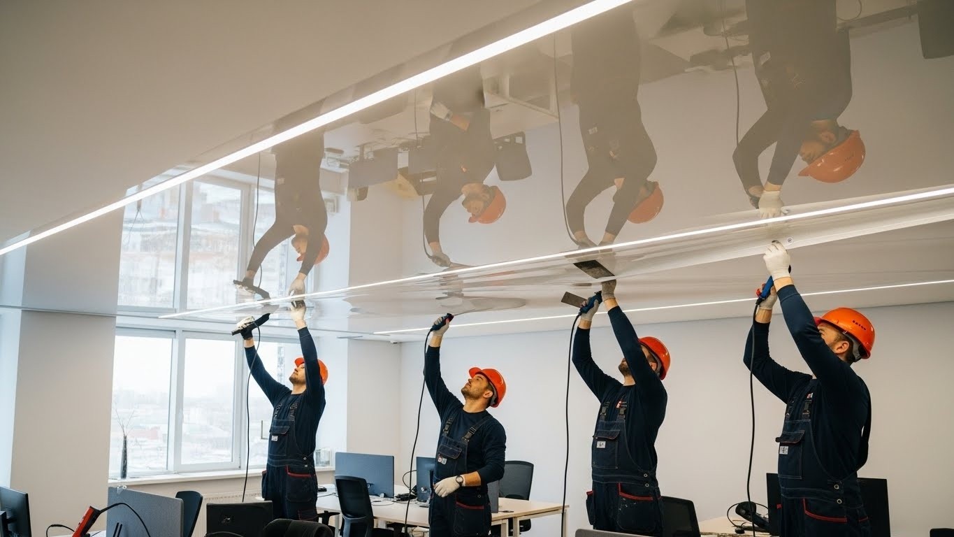 Монтаж глянцевого натяжного потолка для офисов Глянцевый натяжной потолок в офисе