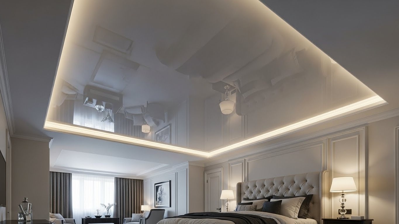 Глянцевый натяжной потолок в спальне