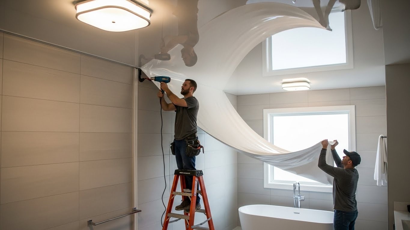 Монтаж натяжных потолков с глянцевой отделкой для ванных комнат