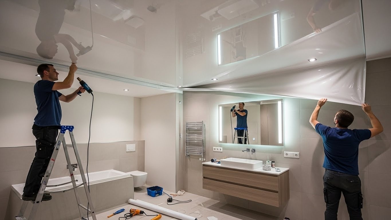 Глянцевый натяжной потолок в ванной комнате