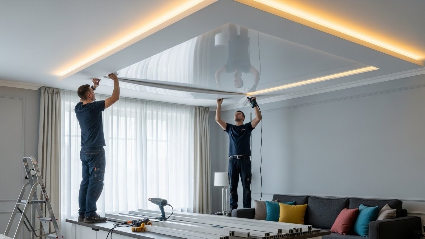 Монтаж натяжных потолков с глянцевой отделкой с подсветкой