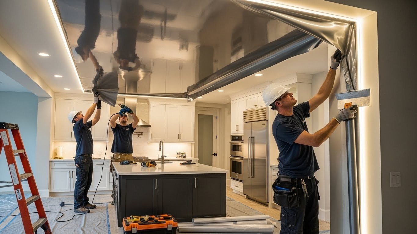 Монтаж натяжных потолков с глянцевой отделкой для кухни