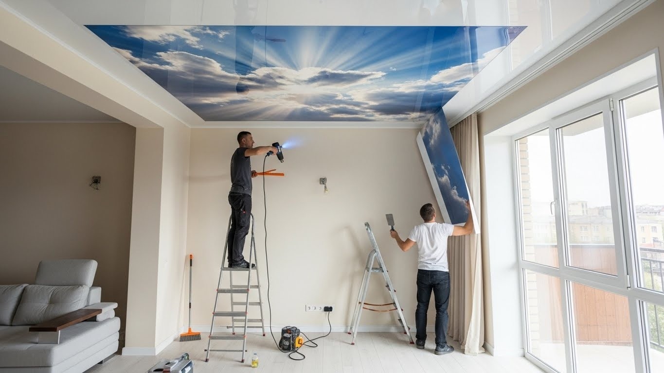 Монтаж натяжных потолков с фотопечатью для жилых помещений