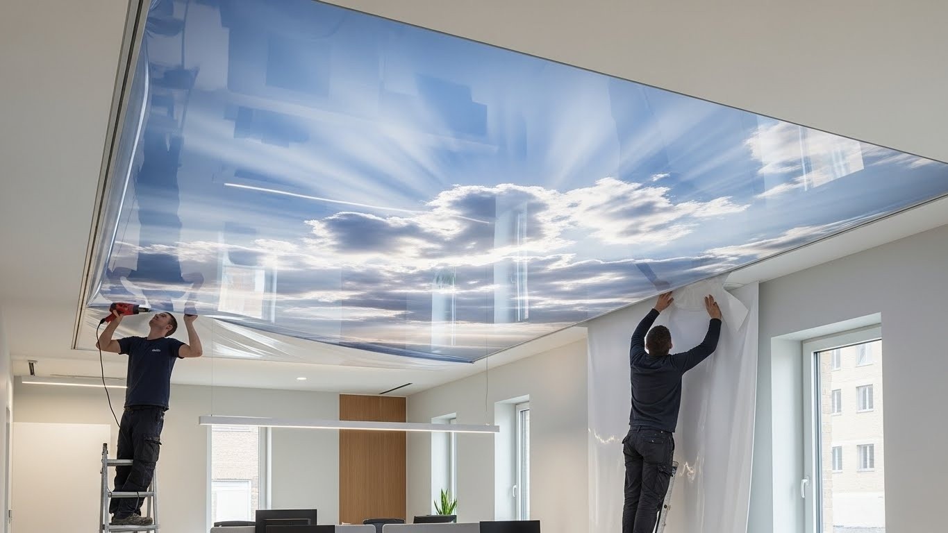 Монтаж натяжных потолков с фотопечатью для офисов