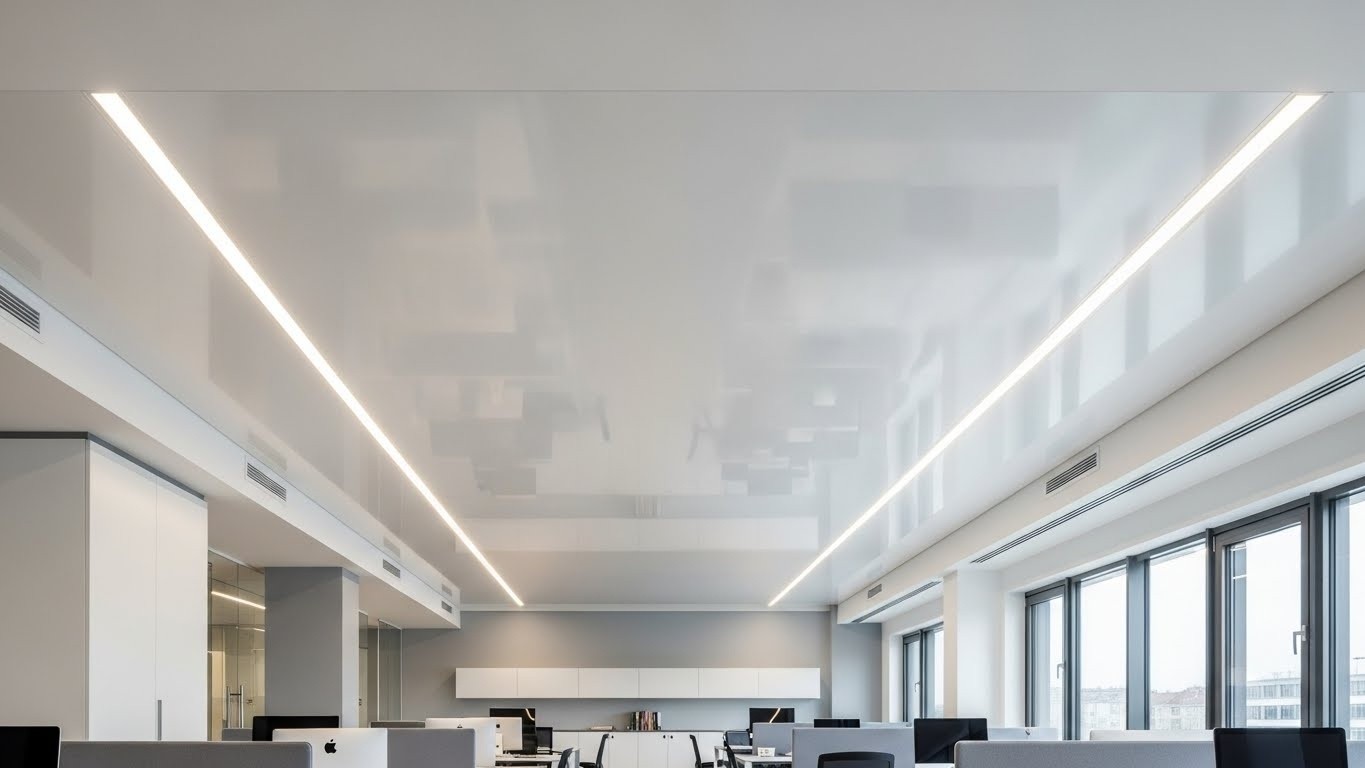 Одноуровневый натяжной потолок в офисе