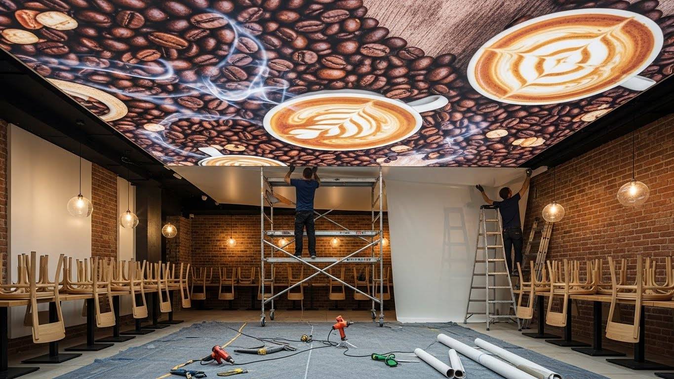 Монтаж натяжных потолков с фотопечатью для кафе и ресторанов