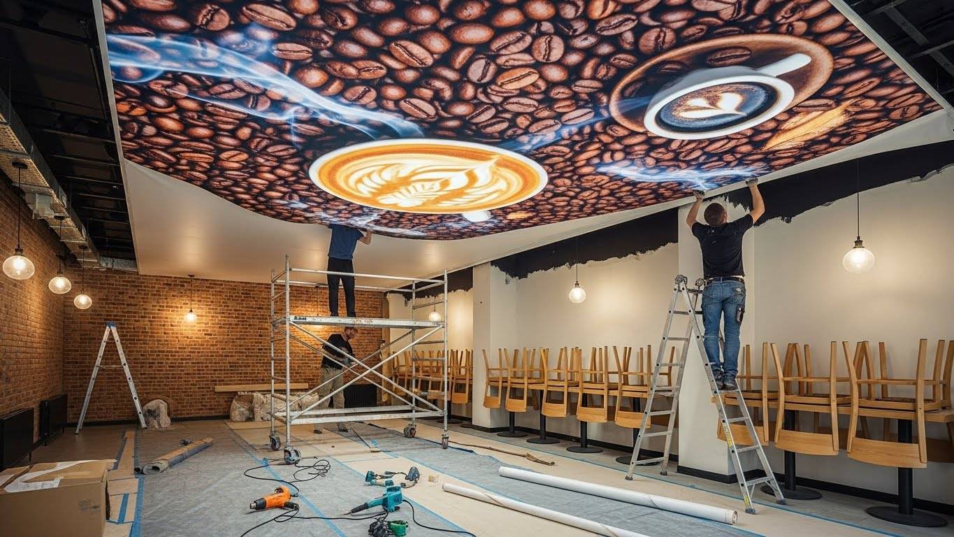 Монтаж натяжного потолка с фотопечатью в кафе Натяжной потолок с фотопечатью для кафе