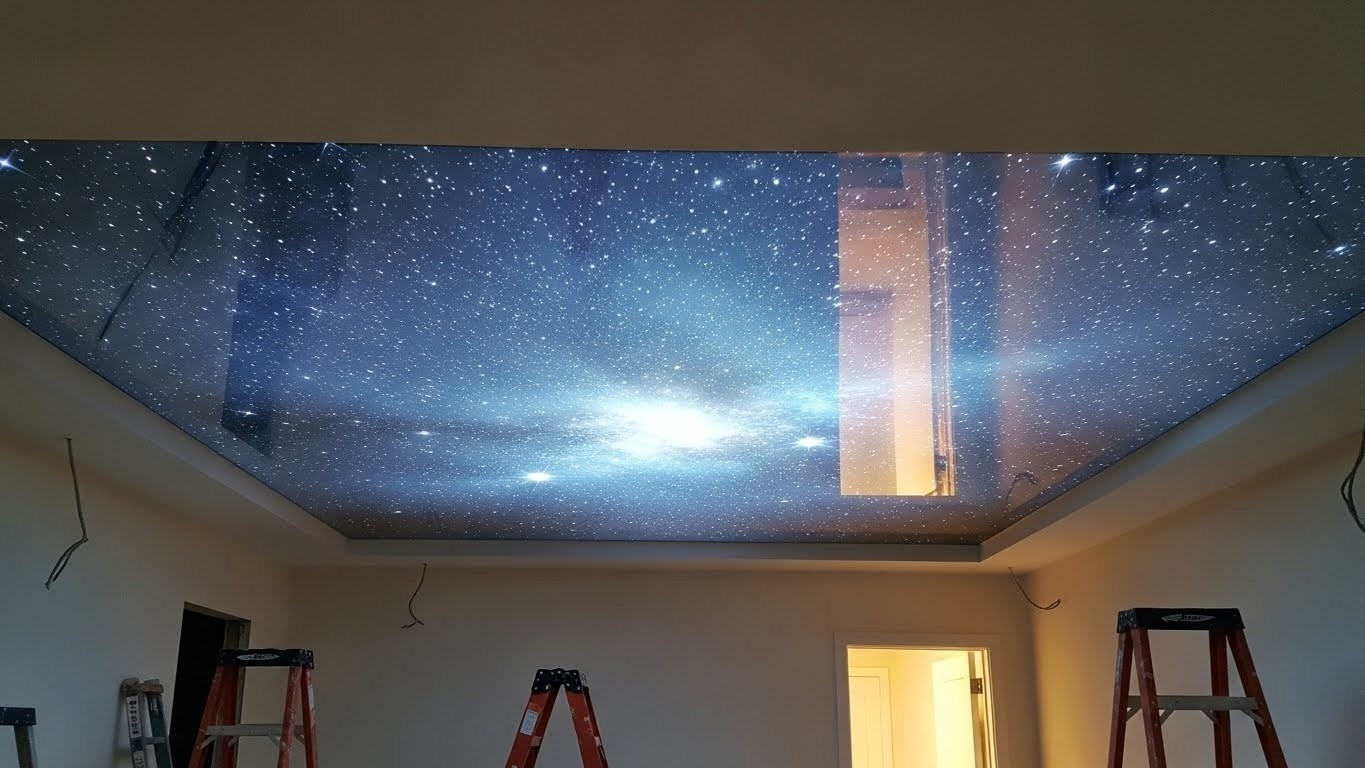 Монтаж натяжных потолков с фотопечатью с подсветкой