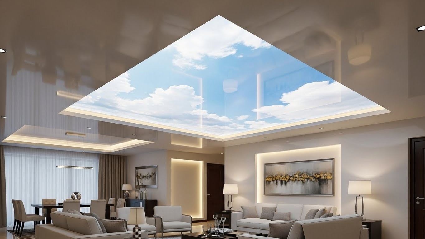 Монтаж натяжного потолка с фотопечатью и подсветкой Натяжной потолок с фотопечатью и подсветкой