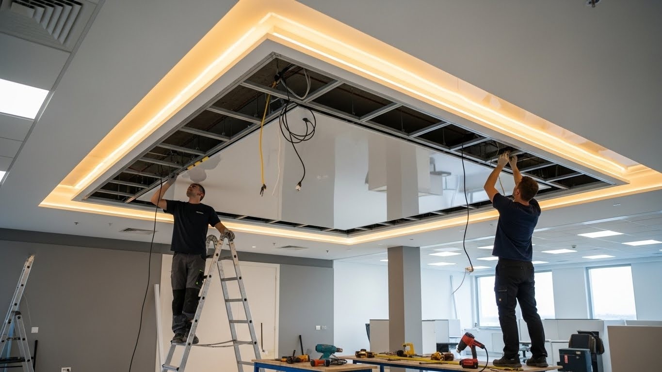 Монтаж натяжных потолков с LED подсветкой для офисов