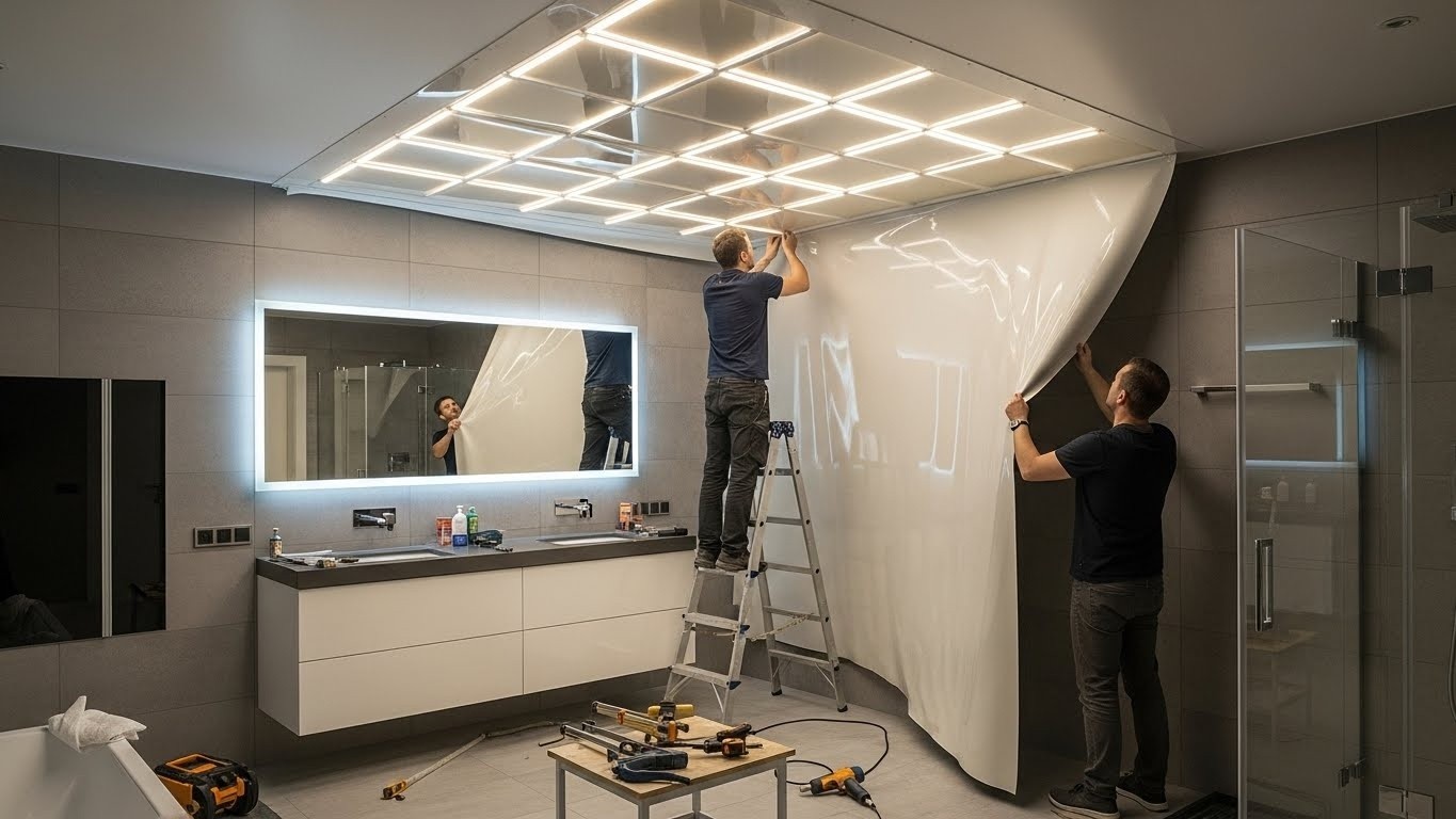 Монтаж натяжных потолков с LED подсветкой для ванных комнат