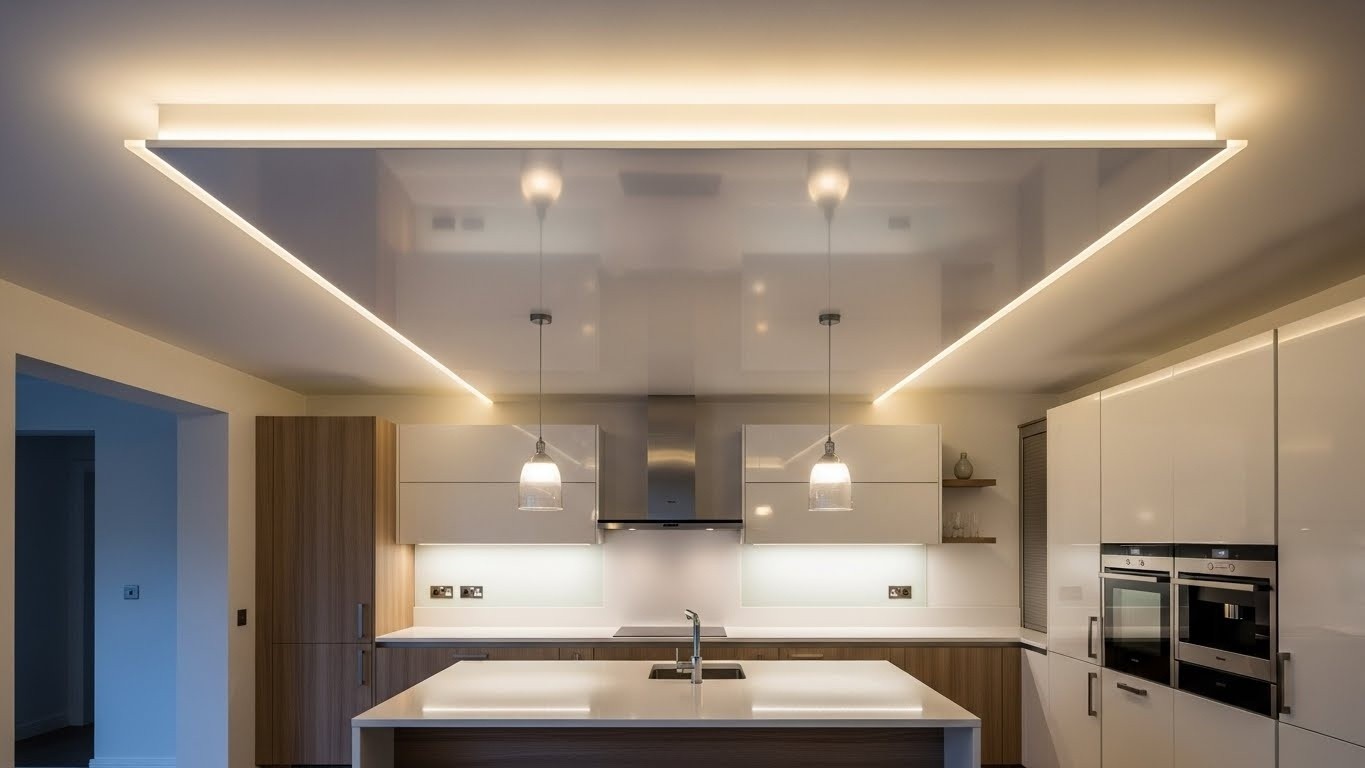Монтаж натяжных потолков с LED подсветкой для кухонь