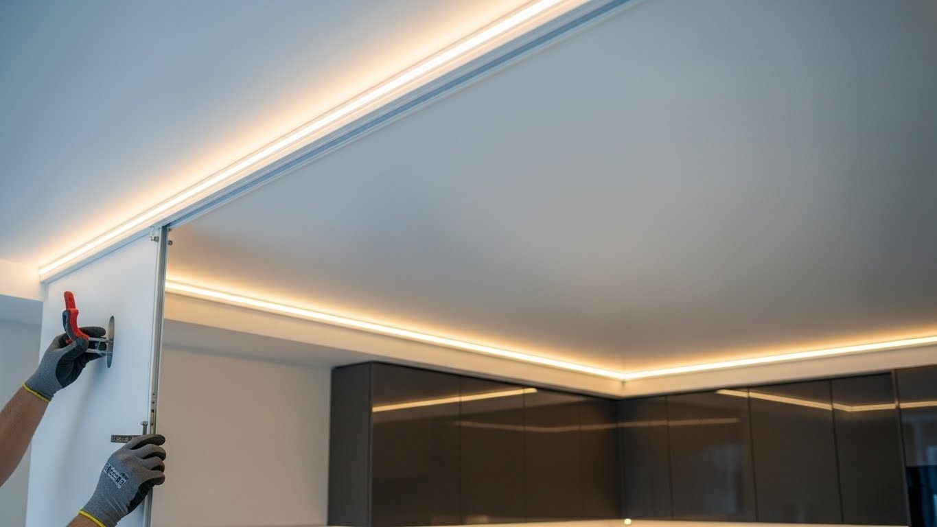 Монтаж натяжного потолка с LED подсветкой для кухни Натяжной потолок с LED подсветкой на кухне