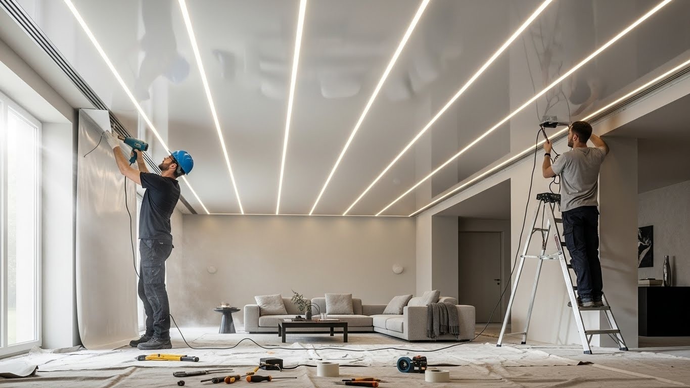 Монтаж натяжных потолков с прямыми линиями для жилых помещений