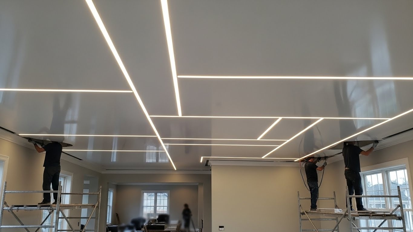 Натяжной потолок с прямыми линиями в жилом помещении