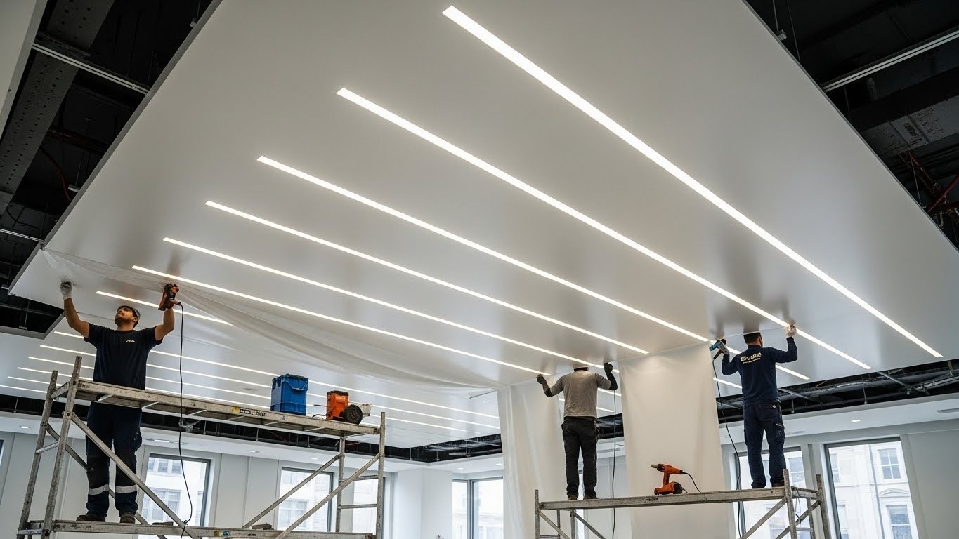 Монтаж натяжных потолков с прямыми линиями для офисов