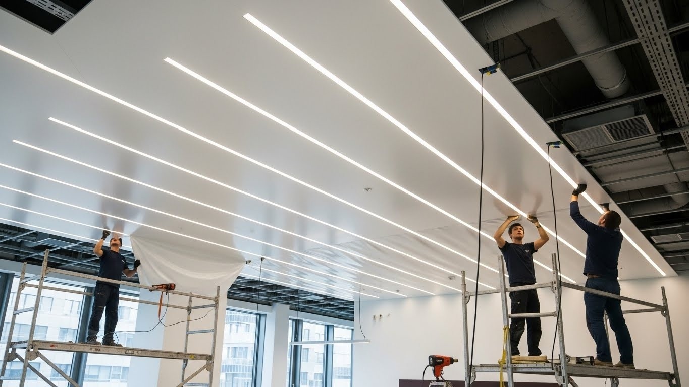 Монтаж натяжного потолка с прямыми линиями в офисе Натяжной потолок с прямыми линиями в офисе