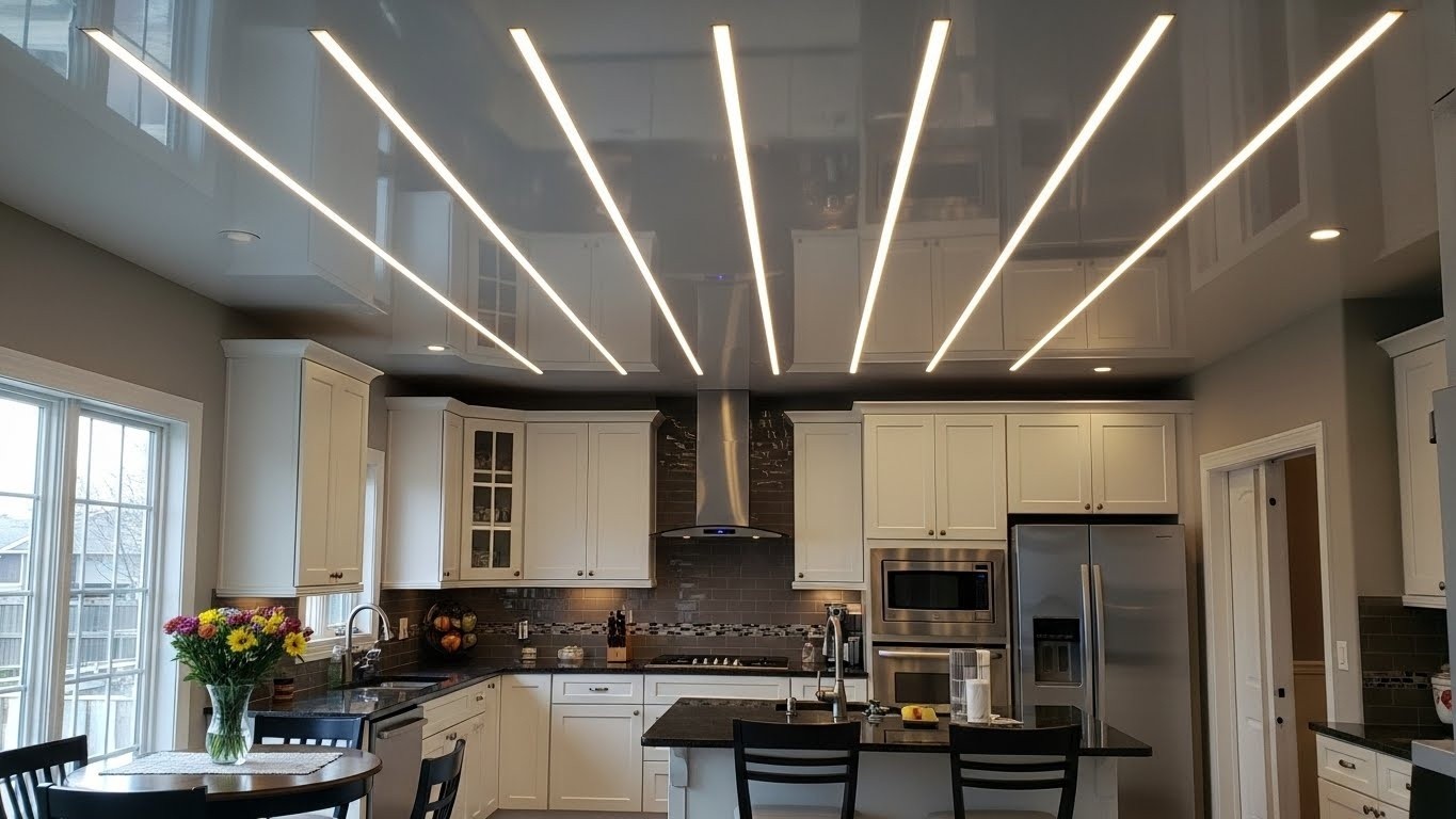 Монтаж натяжных потолков с прямыми линиями для кухонь