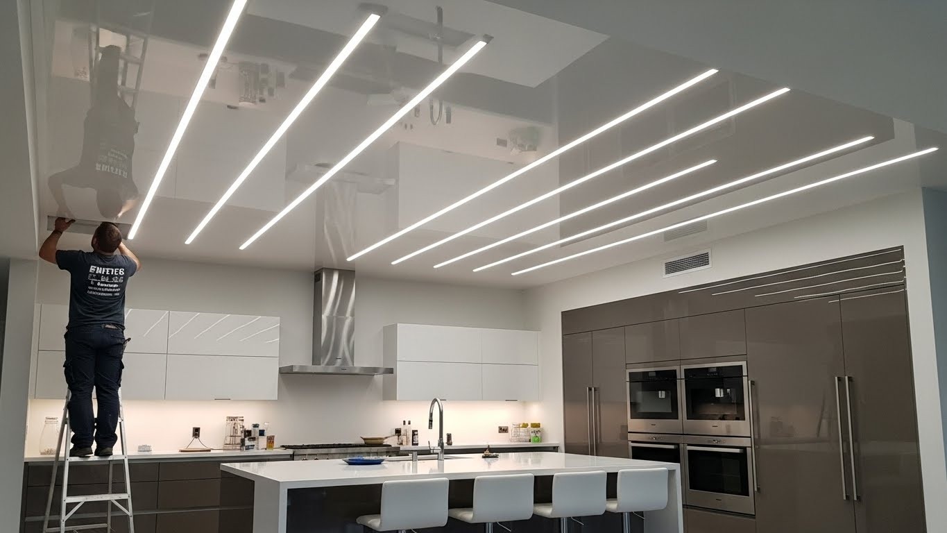 Натяжной потолок с прямыми линиями для кухни